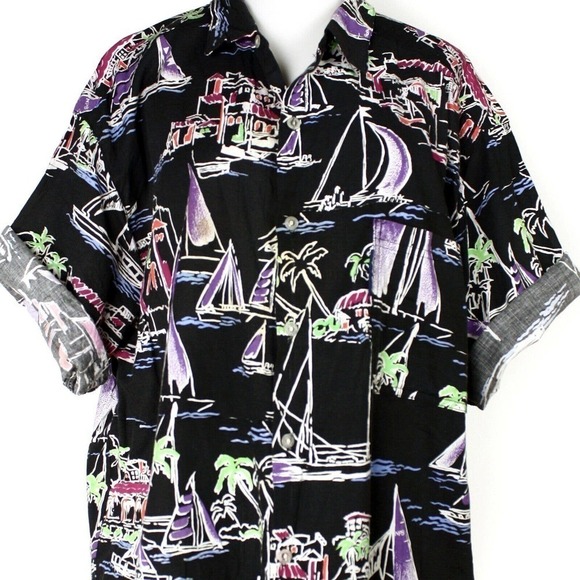Vintage Newport Blue Hawaiian Shirt Tropical Sail Boat Print Black XL - Hey Viv - Picture 2 of 7